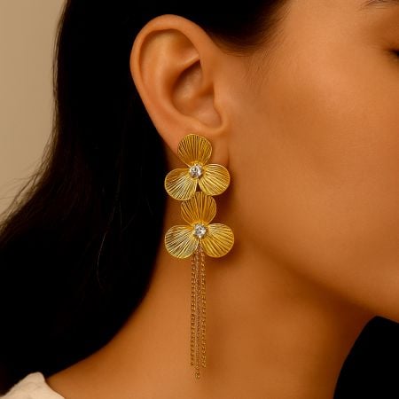 18K Gold Plated Floral Chain Drop Statement Earrings